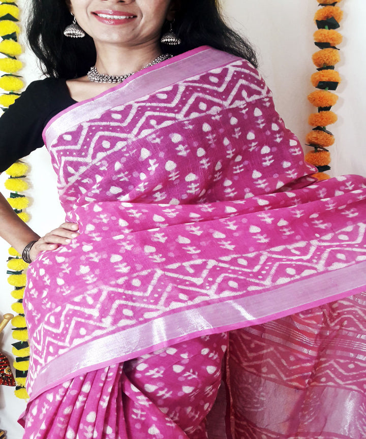 Pink hand block block print cotton linen blend saree