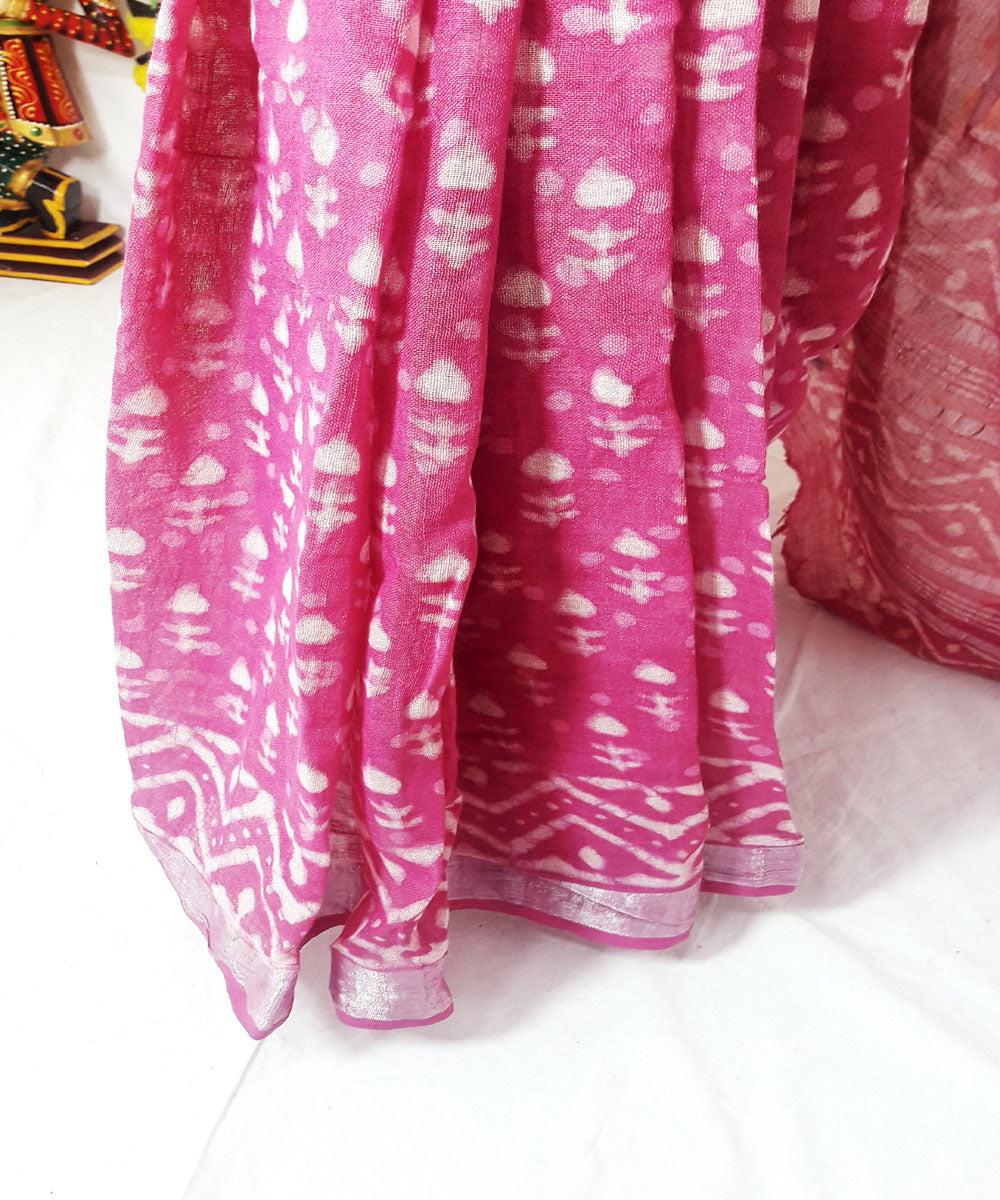 Pink hand block block print cotton linen blend saree