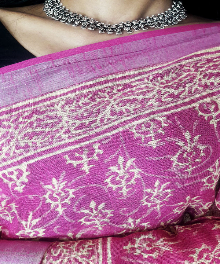 Pink hand block print cotton linen blend saree