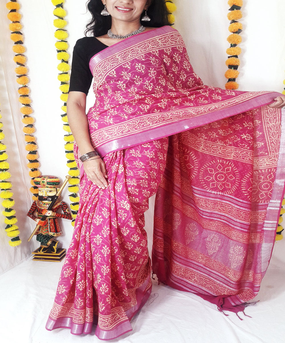 Pink hand block print cotton linen blend saree