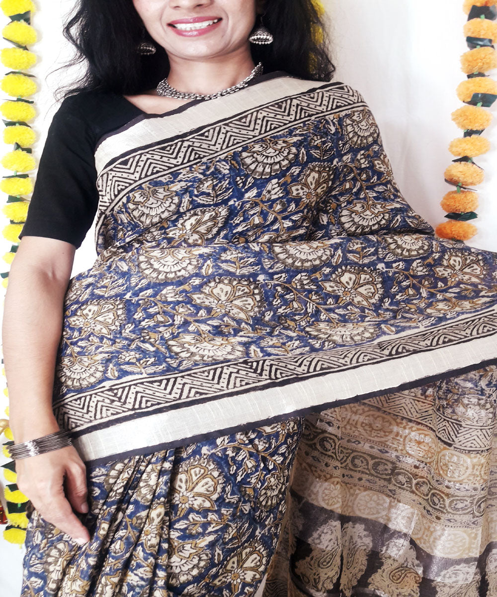 Navy blue hand block kalamkari cotton linen blend saree