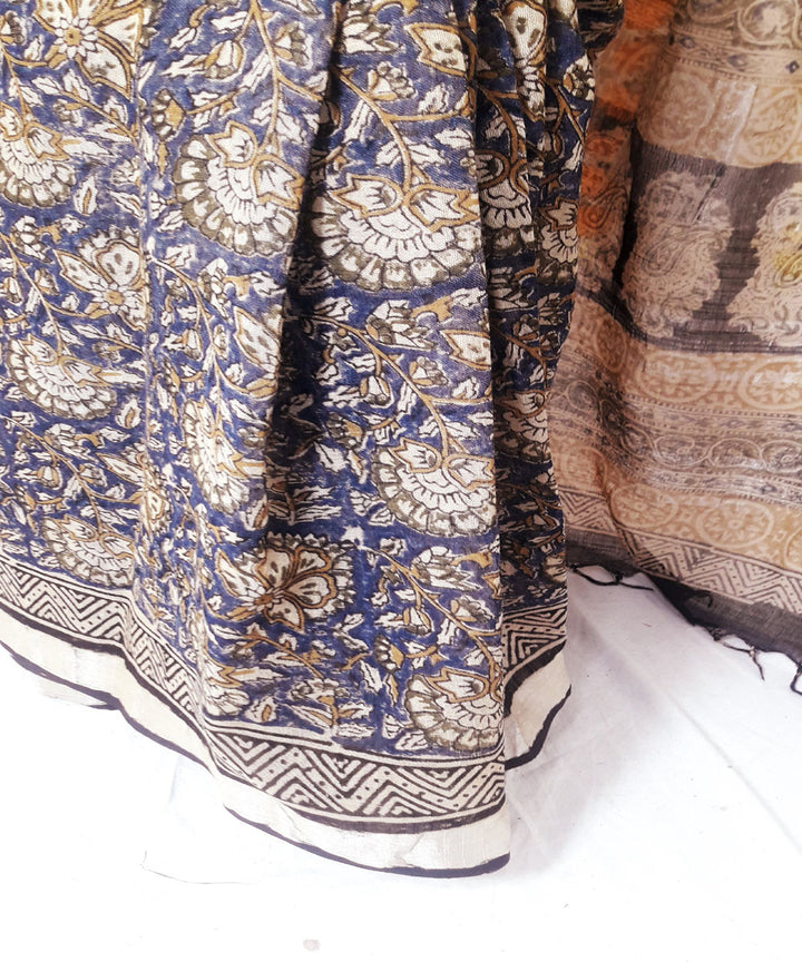 Navy blue hand block kalamkari cotton linen blend saree