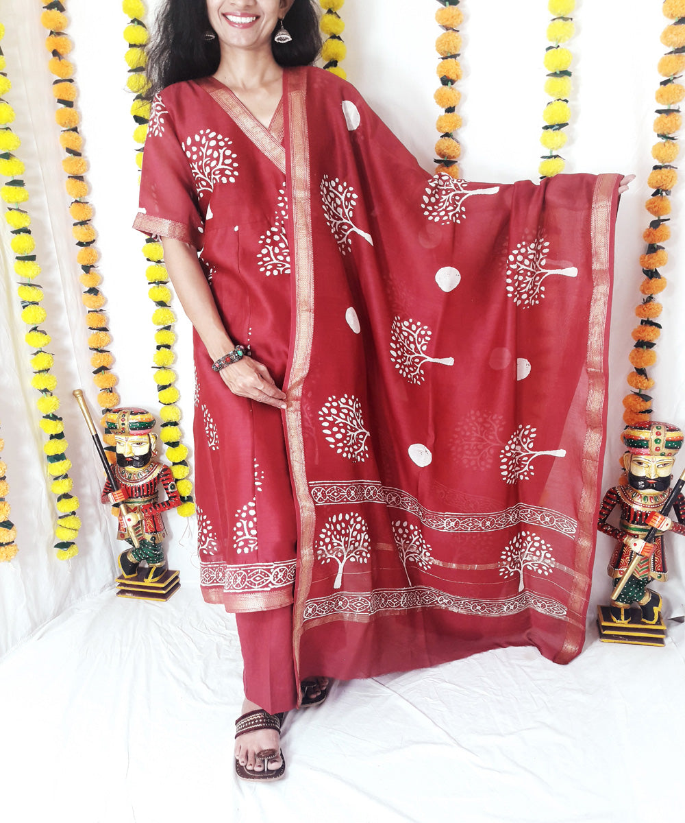 3pc wine color handwoven block print maheshwari suit set