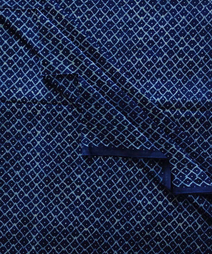 Blue natural dye dabu diamond print handspun handloom cotton fabric