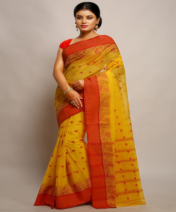 Yellow handwoven tangail tant cotton bengal saree