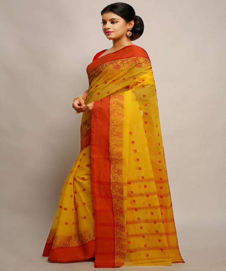 Yellow handwoven tangail tant cotton bengal saree