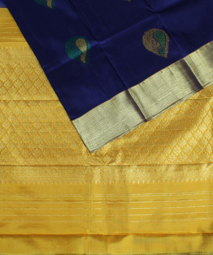 Navy blue yellow handwoven karnataka brocade silk saree