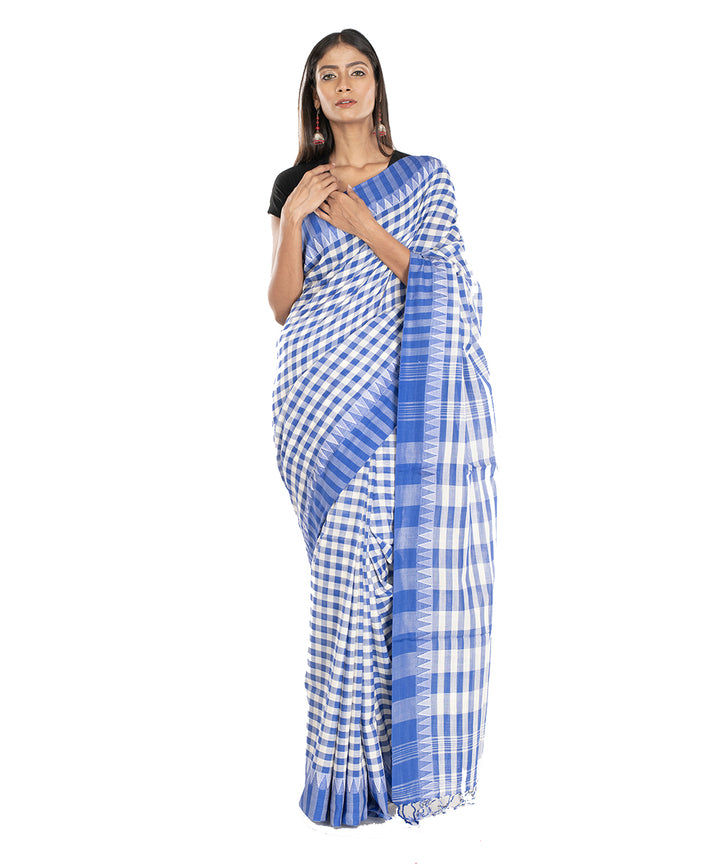 White and blue checks handloom shantipuri bengal cotton saree
