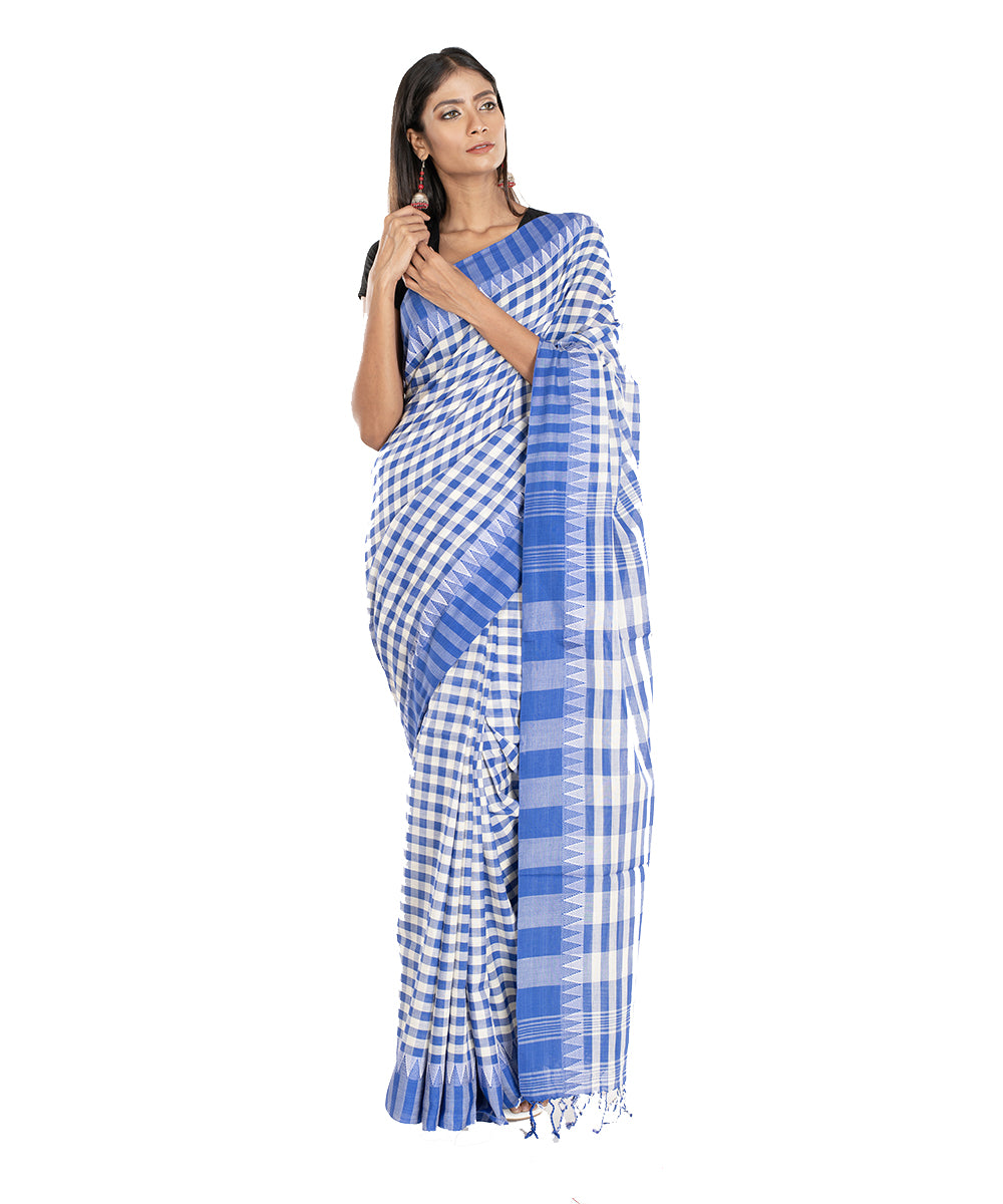 White and blue checks handloom shantipuri bengal cotton saree