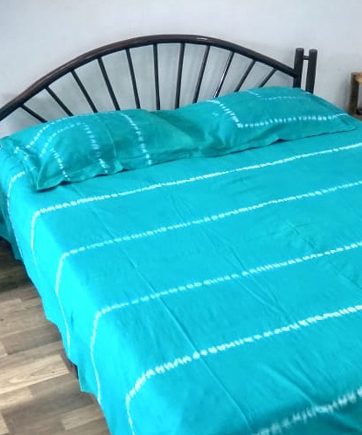 Teal blue white handcrafted tie dye cotton double bedsheet