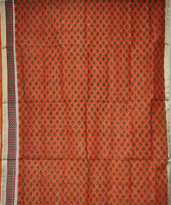 2pc Orange handloom maheshwari block print cotton silk dress material