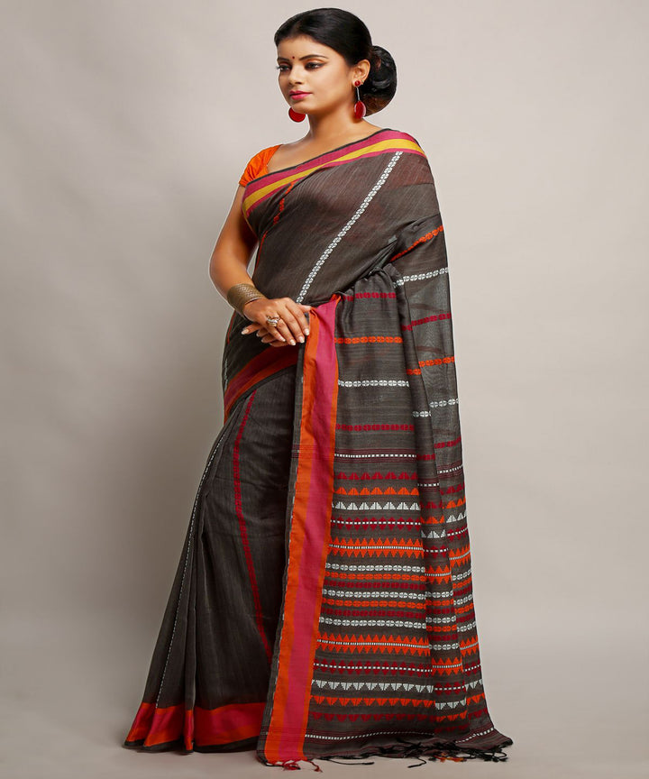 Grey red handwoven begumpuri cotton bengal saree