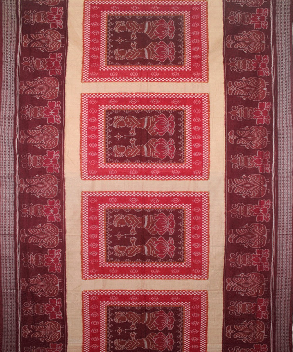 Handwoven Sambalpuri Cotton Saree Beige Maroon