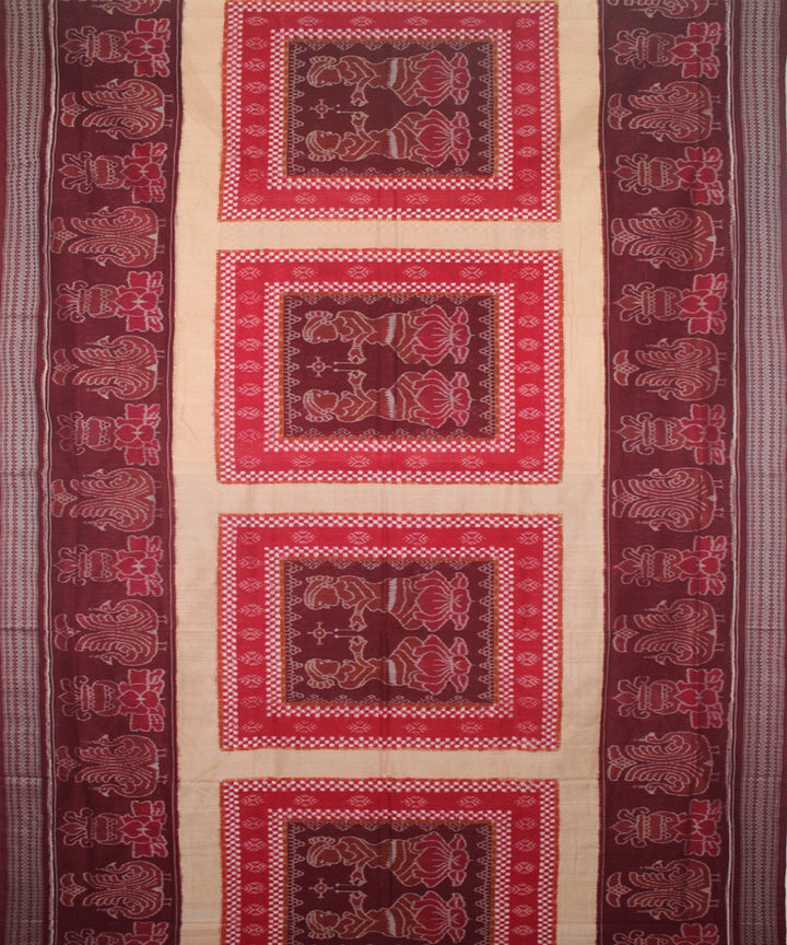 Handwoven Sambalpuri Cotton Saree Beige Maroon