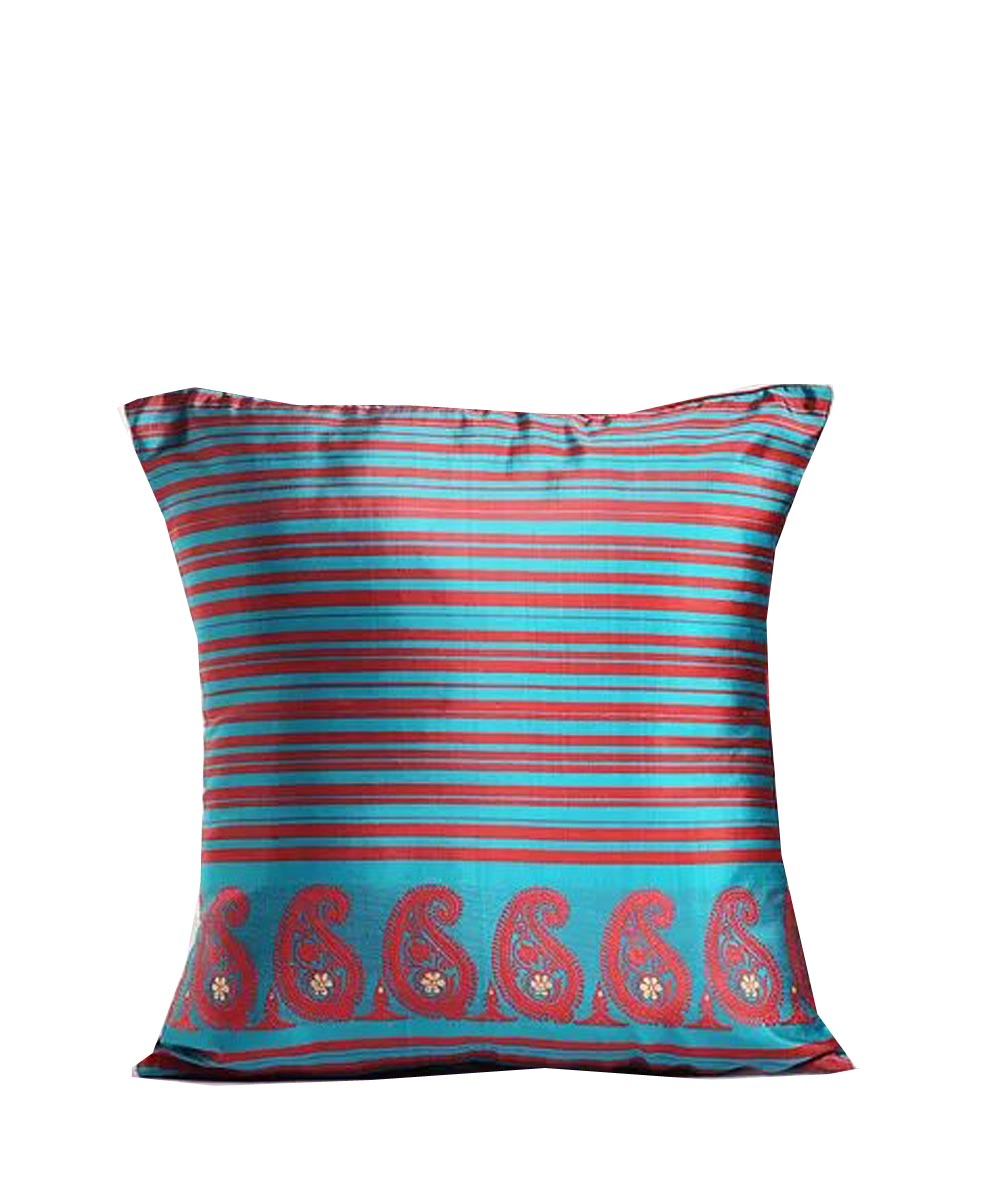 Red blue silk baluchari cushion cover