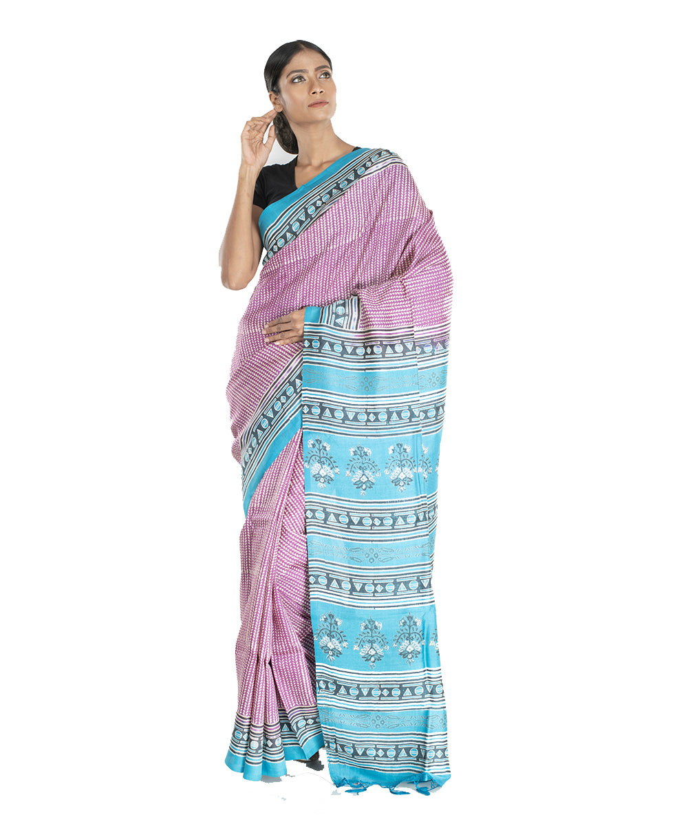 Pink blue hand block print bengal silk saree