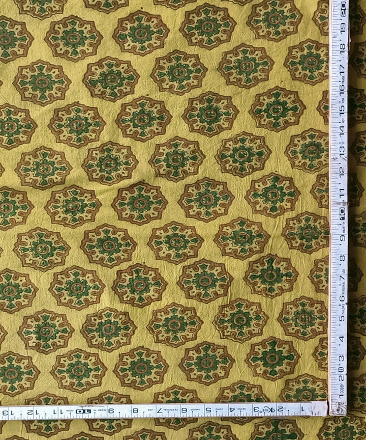 2.5m Yellow green ajrakh print handspun handwoven cotton kurta fabric
