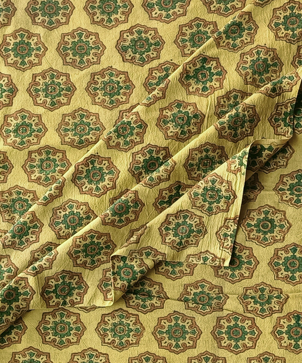 2.5m Yellow green ajrakh print handspun handwoven cotton kurta fabric