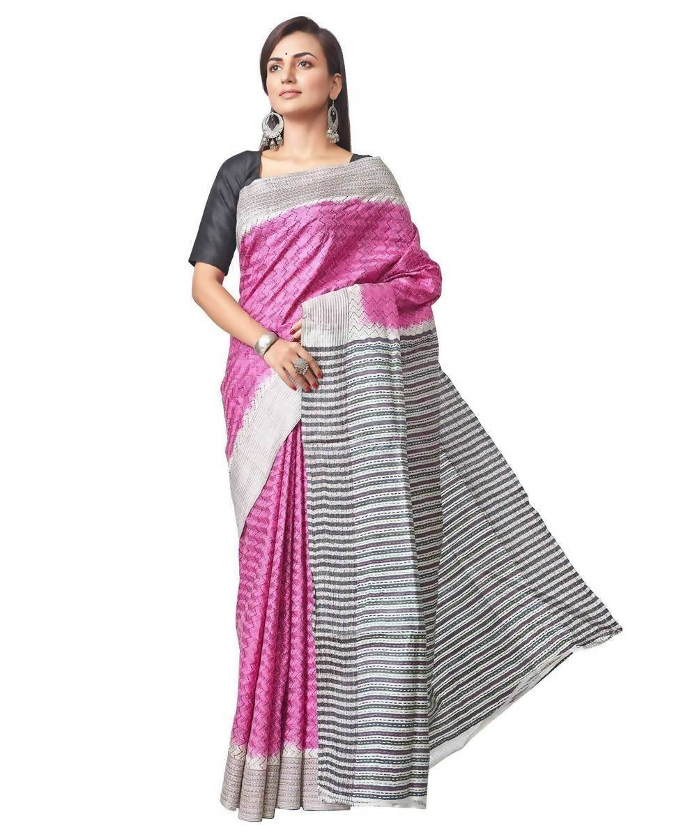 Biswa bangla handwoven pink jalchiri kantha tussar silk saree