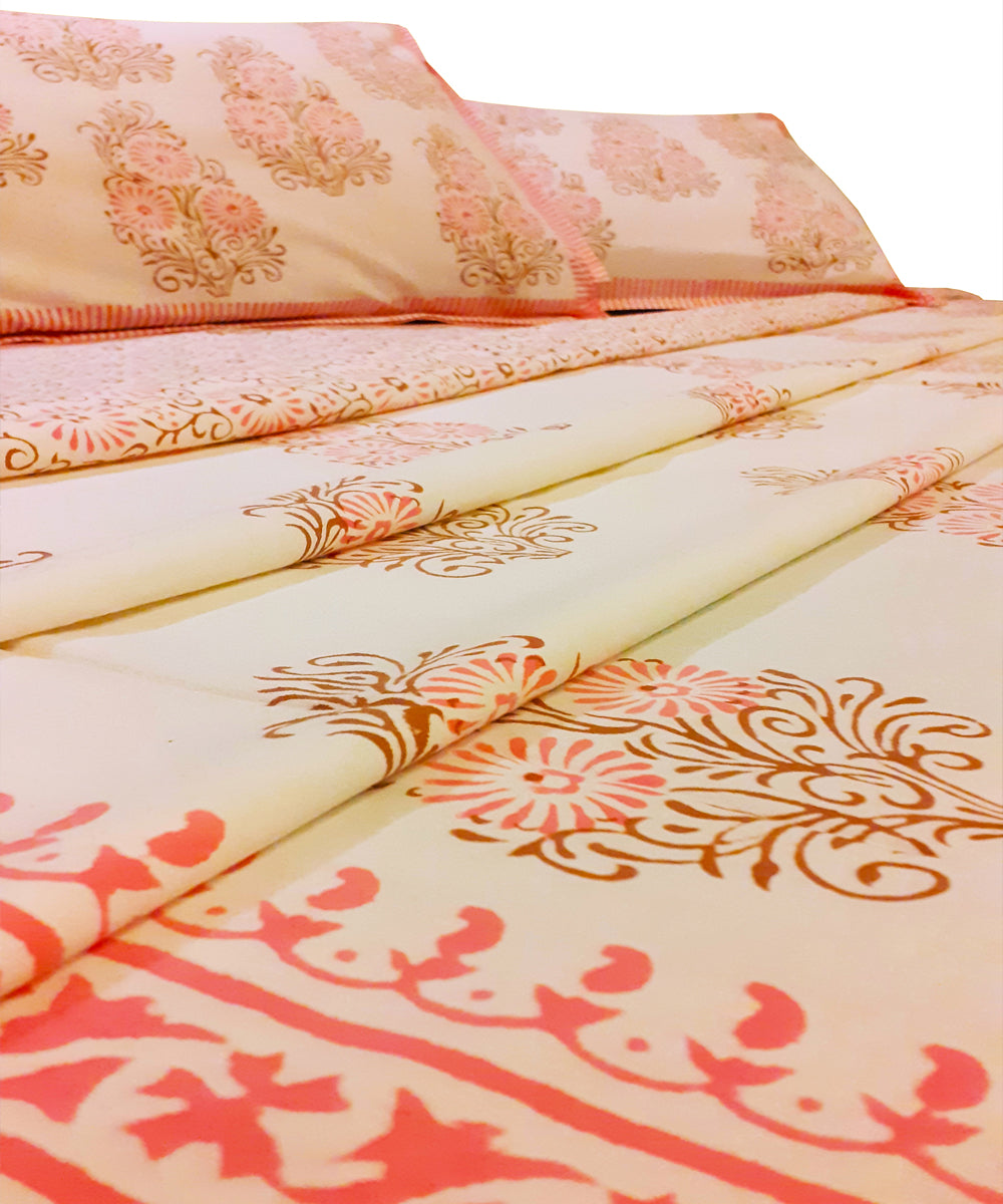 Floral pink hand-block print cotton bed sheet with pillow covers
