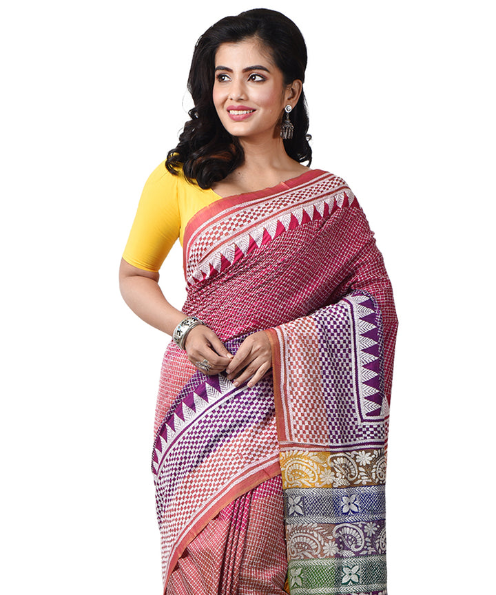 Mauve pink silk bengal hand embroidery kantha stitch saree