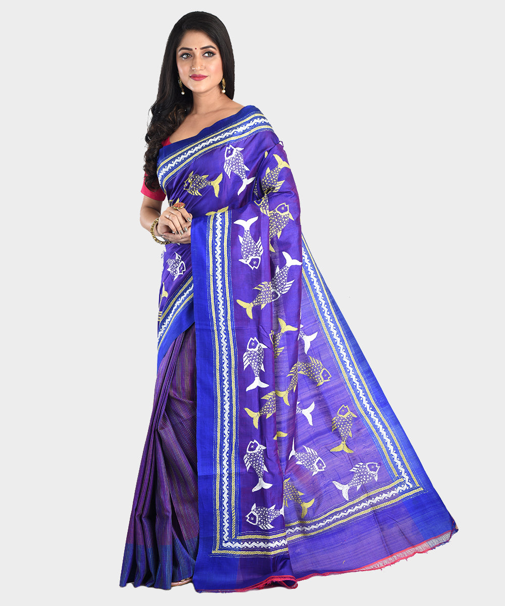 Violet and blue hand embroidery kantha stitch silk saree