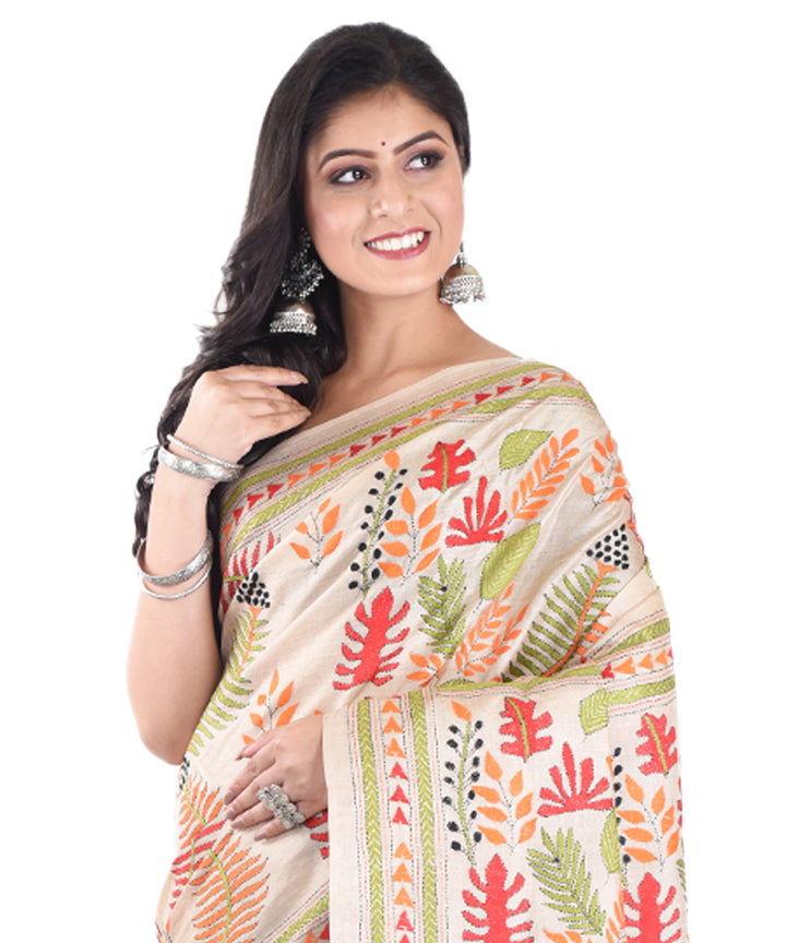 Beige multicolor tussar silk hand embroidery saree