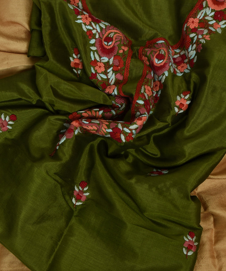 2pc Green beige handwoven mulberry silk dress material with dupatta