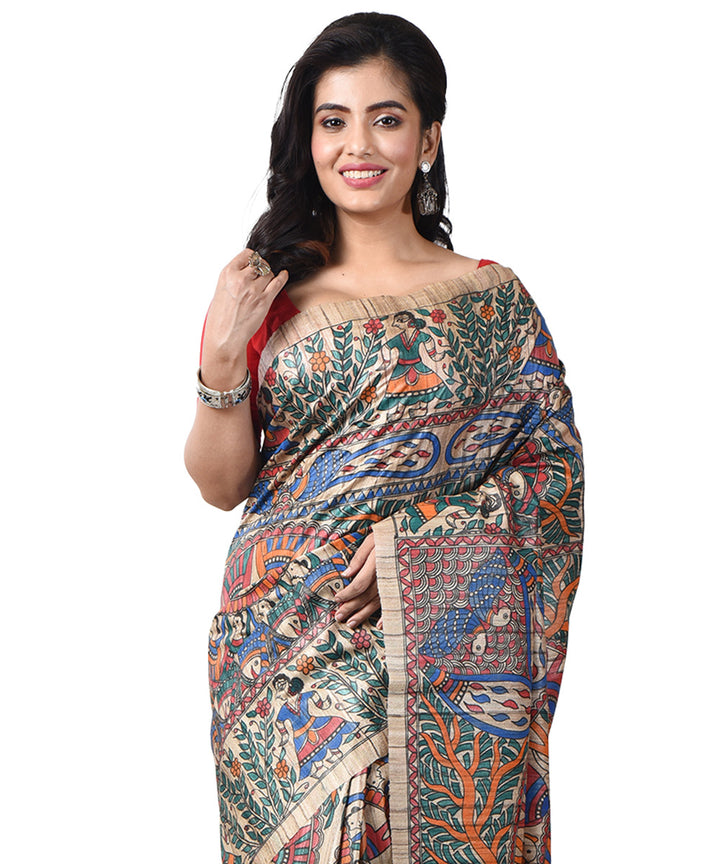 Beige multicolor bengal tussar silk hand painted madhubani saree
