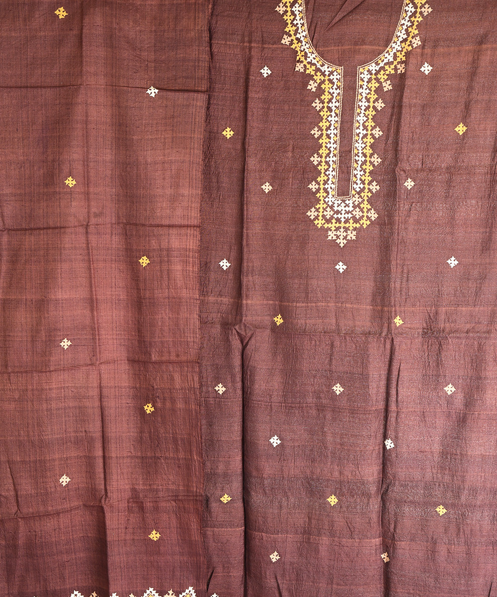 2pc Brown hand embroidered tussar silk dress material