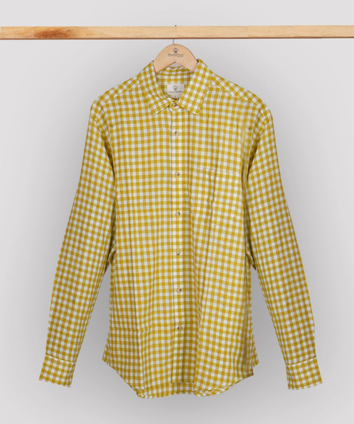 Yellow white checks regular collar cotton shirt
