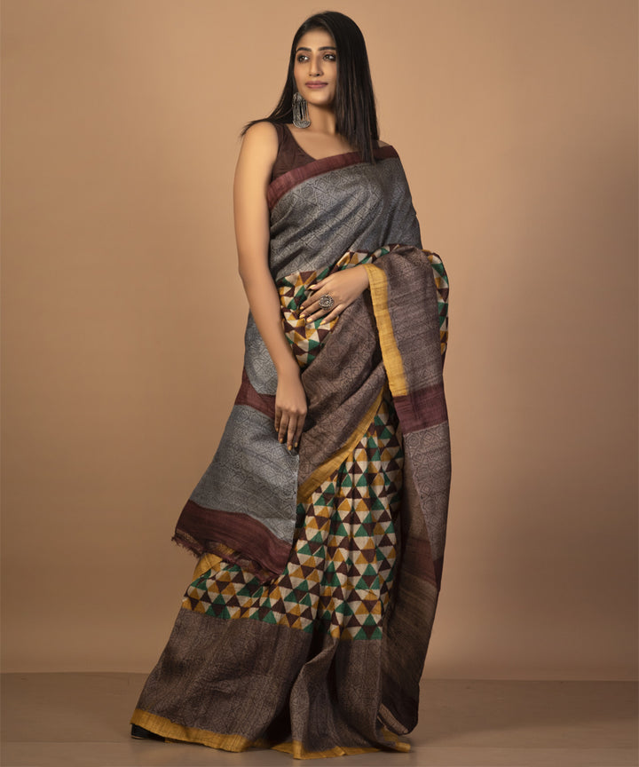 Multicolour handwoven tussar silk block print saree