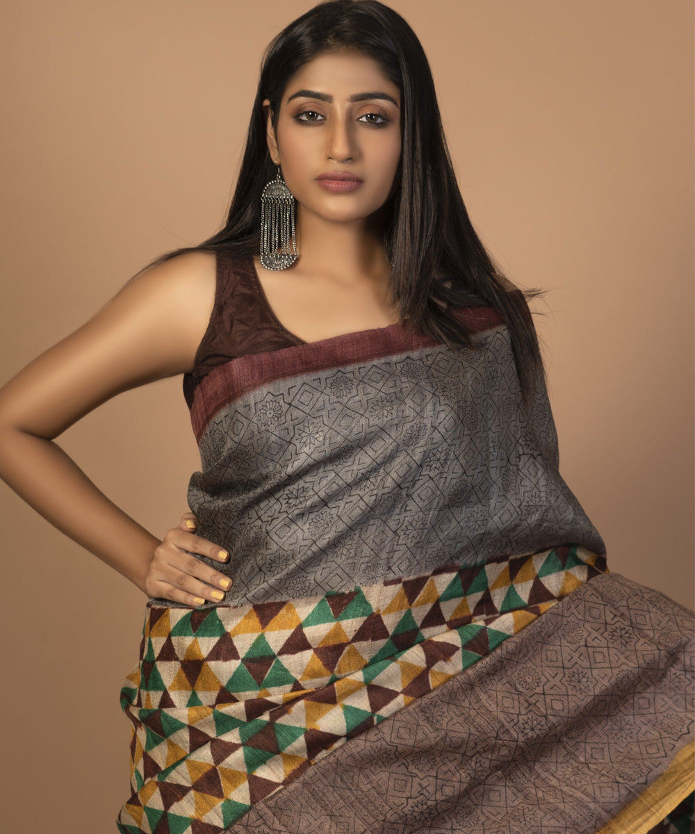 Multicolour handwoven tussar silk block print saree