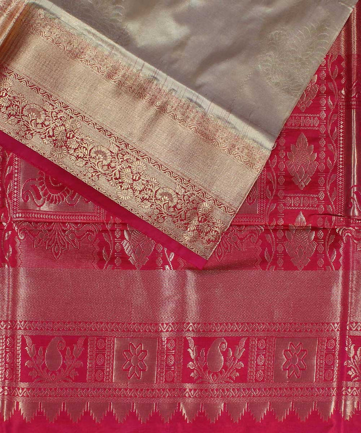 Cream pink handwoven Karnataka brocade silk saree