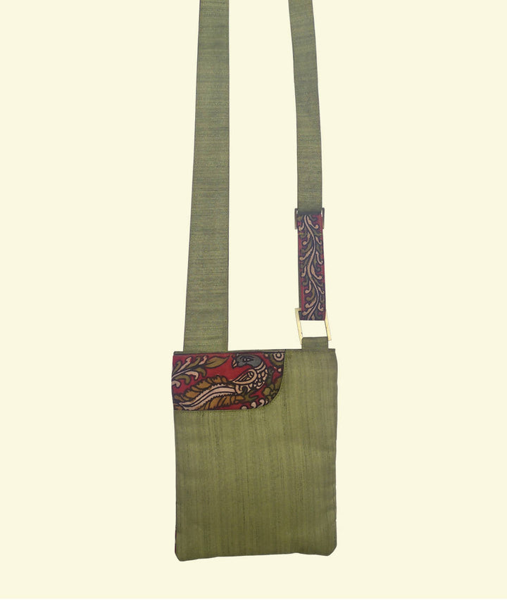 Light Green Kalamkari Ghicha silk cotton Kalamkari strap sling bag