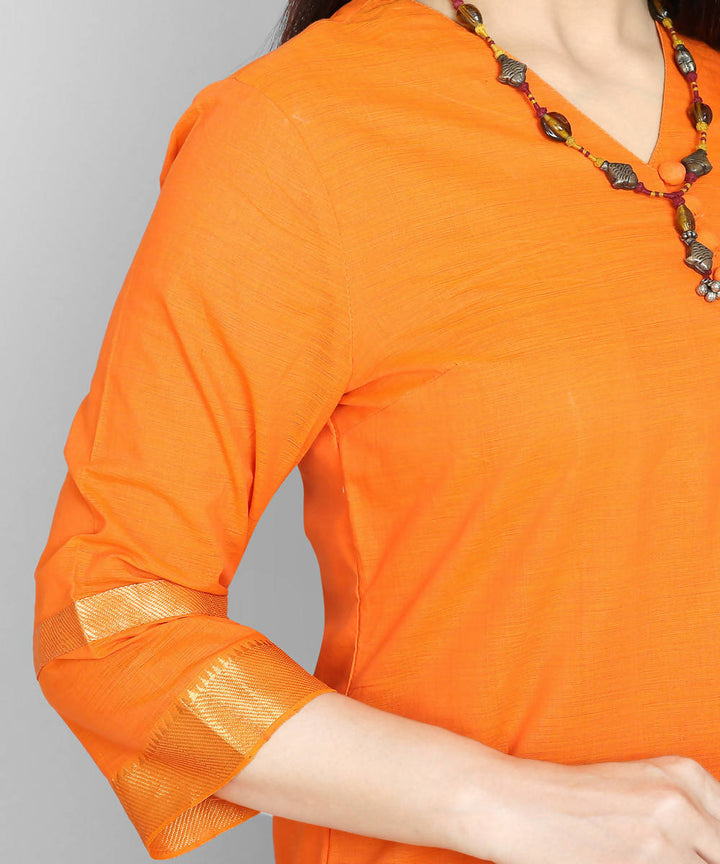 Kiara crafts Orange handcrafted cotton mangalgiri kurti with zari border