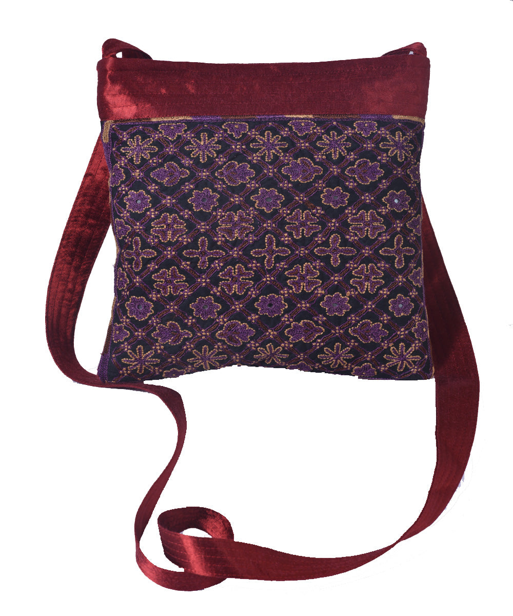 Maroon purple hand embroidery mashroo cross body bag