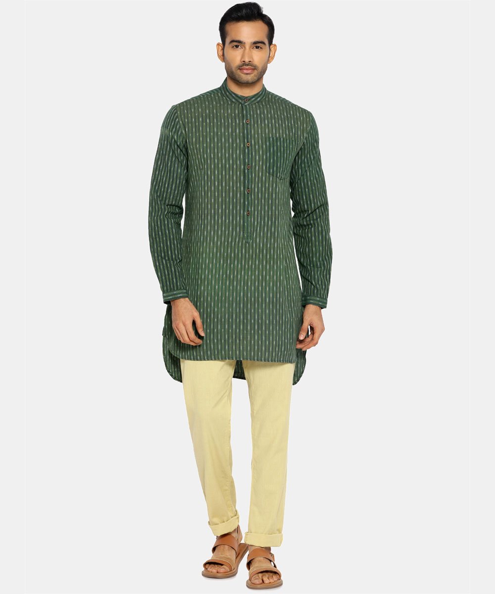 Moss green high low ikat kurta