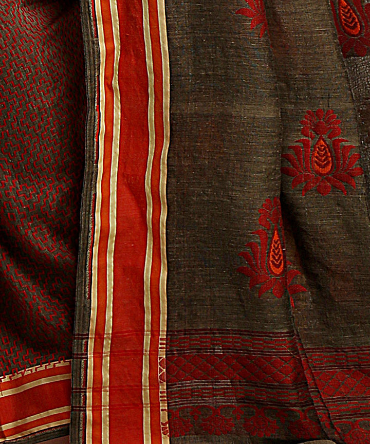 Brown silver handwoven cotton bengal saree