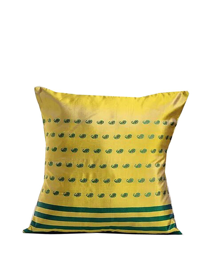 Yellow green silk baluchari cushion cover