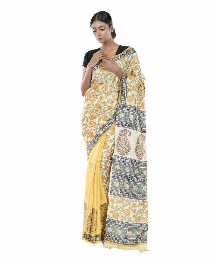 Yellow white hand block print bengal silk saree