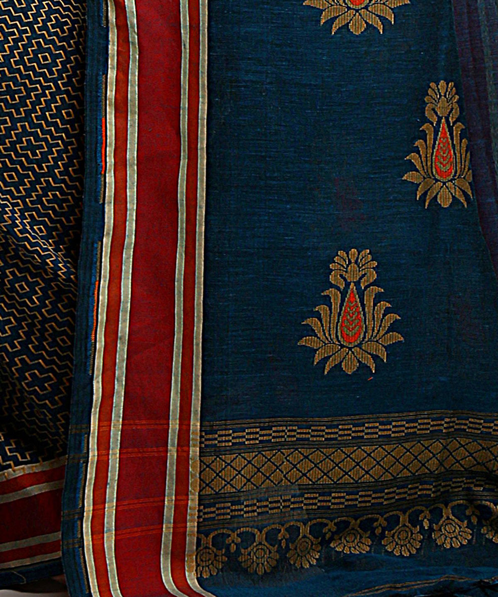 Grey blue handwoven cotton bengal saree