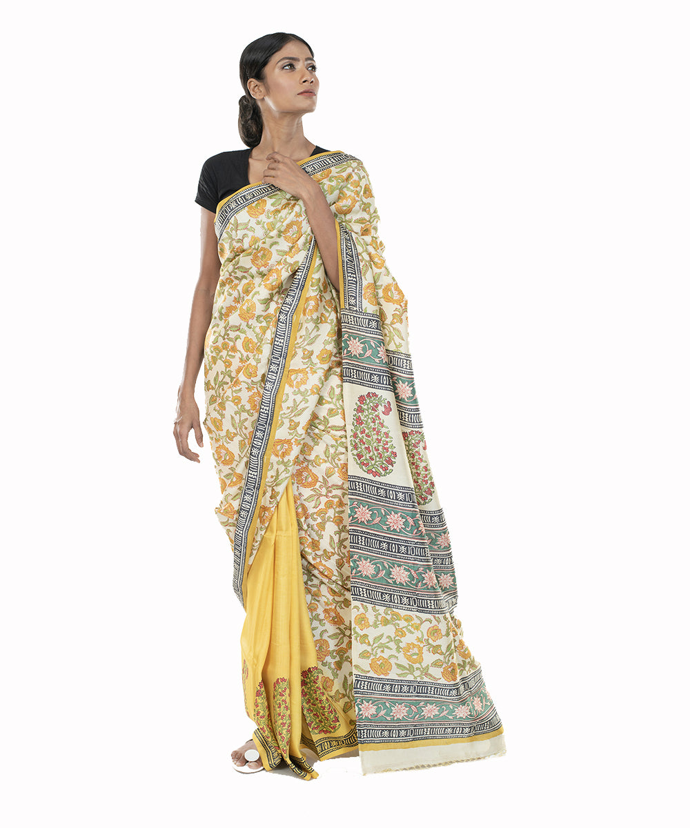 Yellow white hand block print bengal silk saree