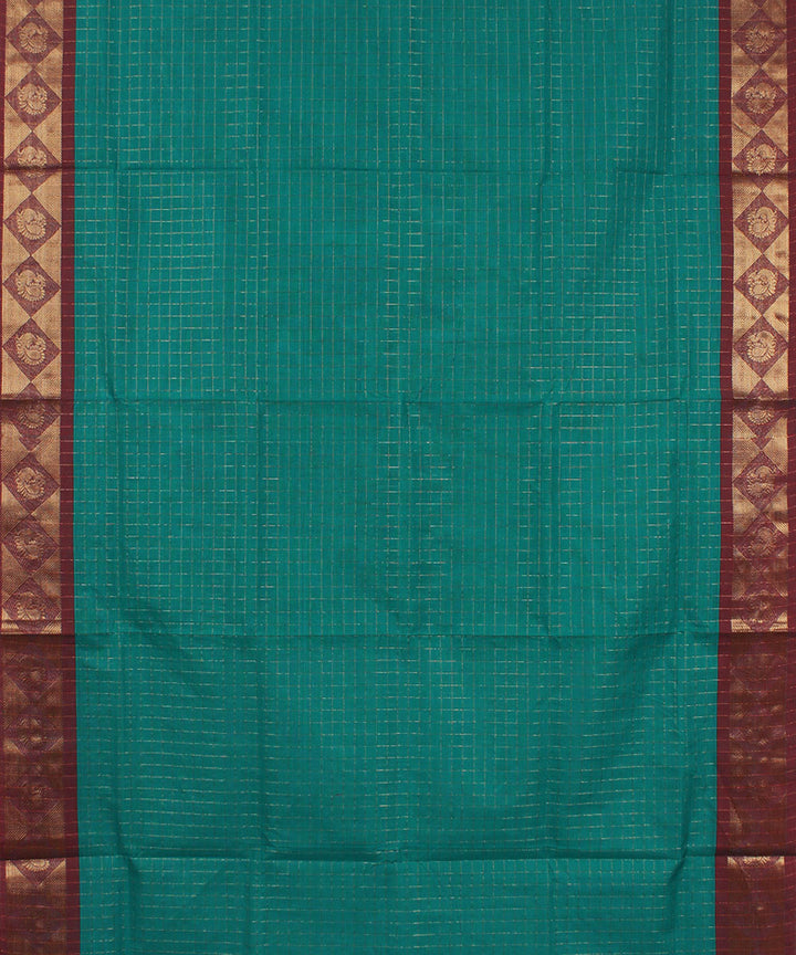 Sea blue maroon border cotton handwoven chettinadu saree
