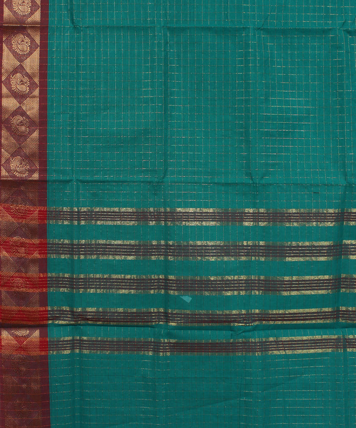Sea blue maroon border cotton handwoven chettinadu saree