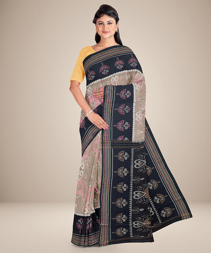 Pale brown and black cotton handwoven nuapatna saree