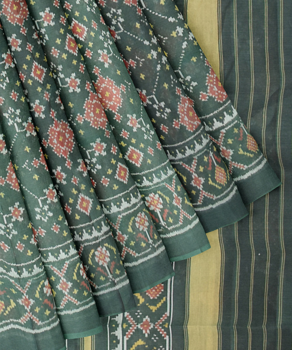 Dark green hand loom cotton patola saree