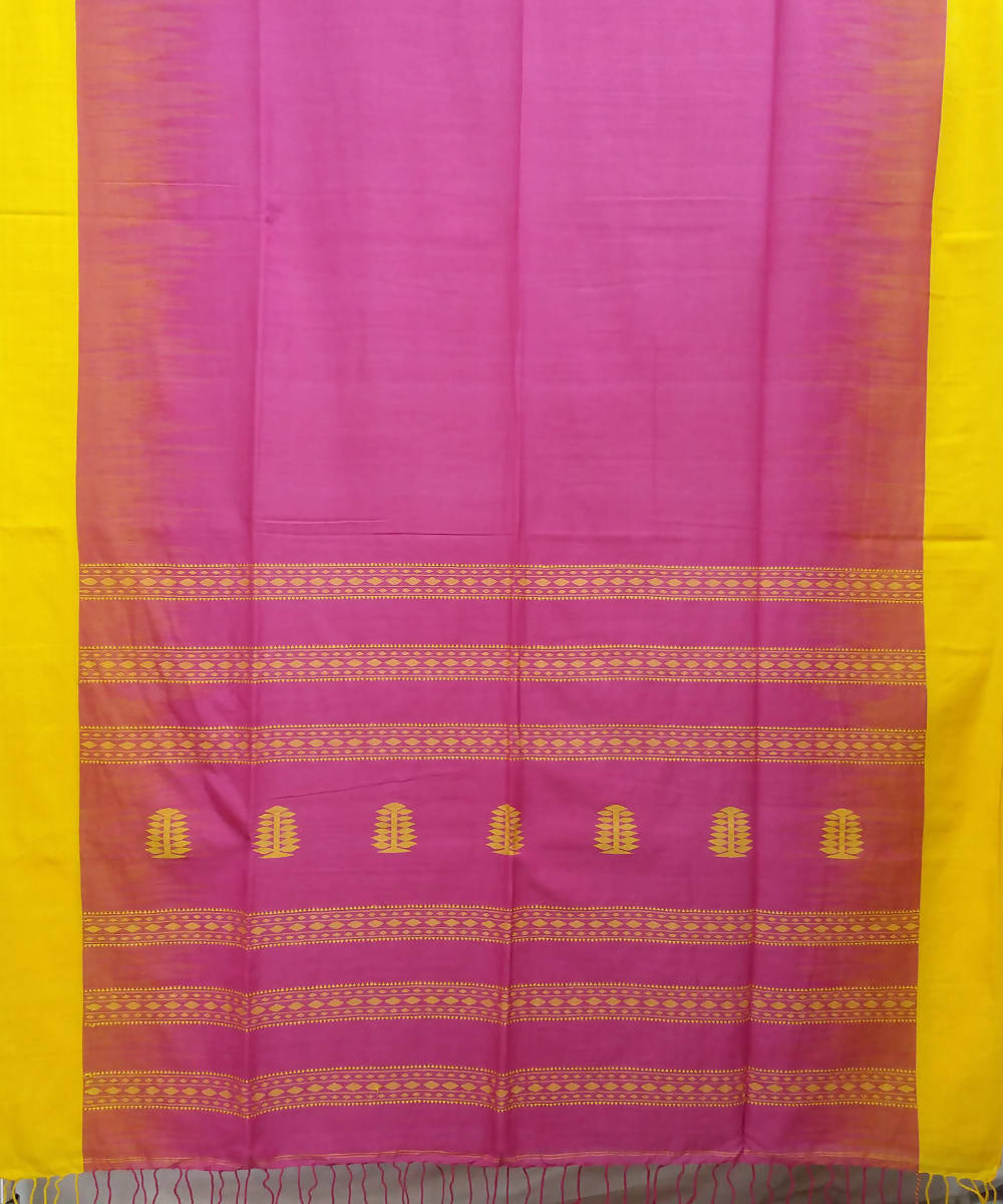 Pink Yellow Cotton Handspun Handwoven Saree