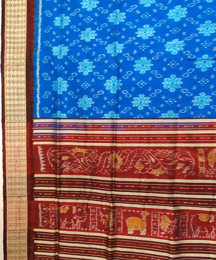 Blue with maroon handwoven ikat silk bomkai saree