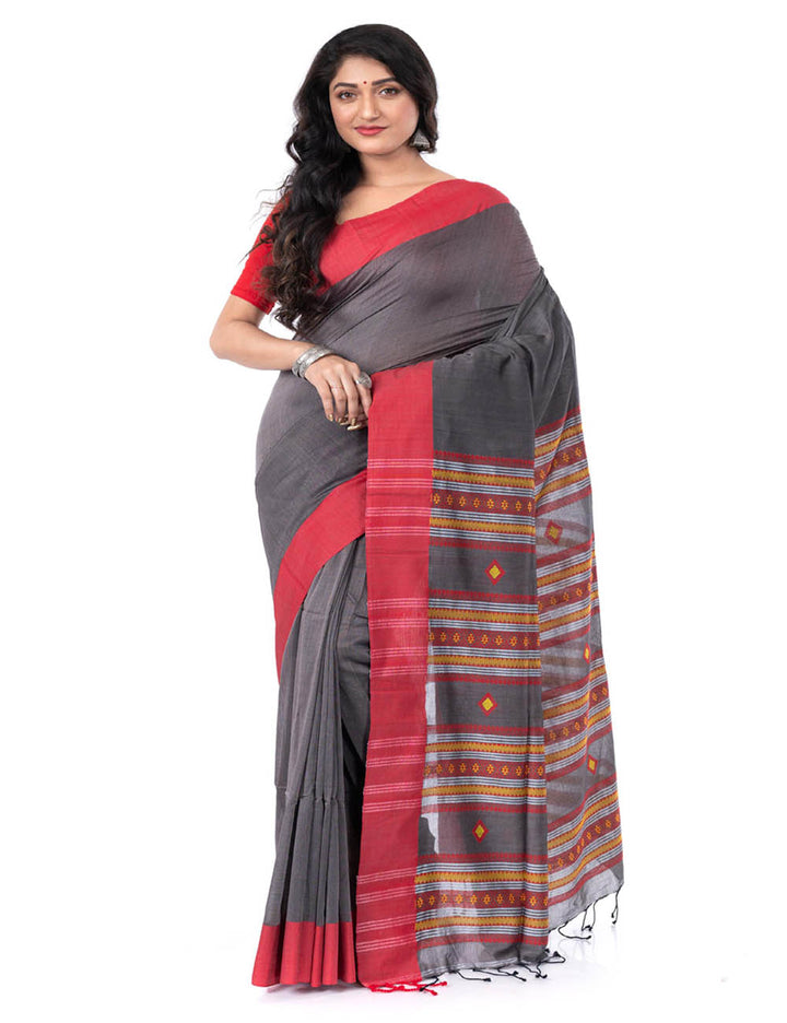 Grey red handloom bengal cotton tangail saree